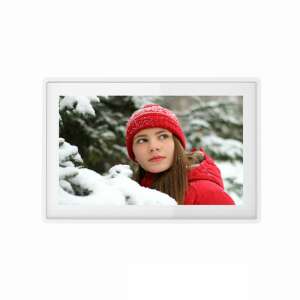 Denver Electronics PFF-1021 10.1 inch Digital Photo Frame, white, displaying a photo of a woman in a red hat and jacket - Interior design