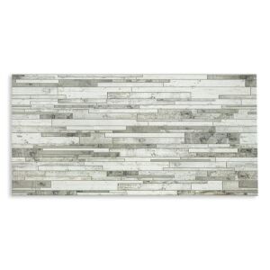 3D PVC falpanel Keskeny deszka mintás, tört fehér és szürke színnel.
