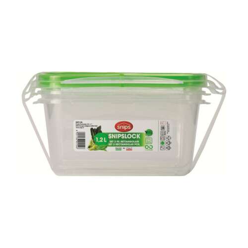 Recipient de depozitare a alimentelor Snips 1,2 L, etanș, set de 2 bucăți, dreptunghiular, plastic transparent cu capac verde