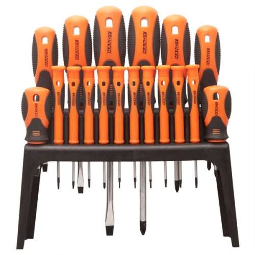 Set de 18 surubelnite cu suport , ce contine surubelnite de precizie , mini , normale , fabricate din material rezistent , de culoare negru cu portocaliu