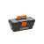 Handy 13" plastic tool box, black with orange handle, closed, front view