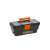 Handy 13" plastic tool box, black with orange handle, closed, side view