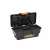Handy 13" plastic tool box, black with orange handle, open, showing interior