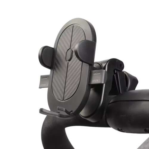 Fekete babakocsi telefontartó, univerzális mobiltelefontartó babakocsikhoz, könnyen felszerelhető, biztonságos fogás, csúszásgátló védelem, minden típusú babakocsihoz alkalmas