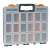 Tool organizer box with 16 compartments, clear plastic with black handle and orange accents