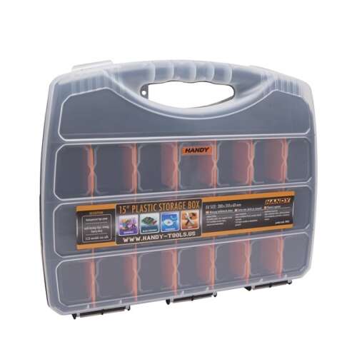Handy Tools 15" Plastic Storage Box with 12 compartments, black and orange