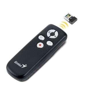 Genius MEDIA_POINTER_100 wireless presenter, black remote control with buttons for presentations, laser pointer, volume control, and a red button for recording - Remote Control