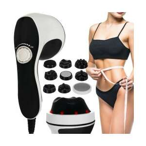 9-in-1 massage tool with interchangeable heads and woman measuring waist - Massage gun