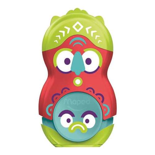 MAPED Fancy temperówka i gumka do mazania, czerwony i zielony wzór sowy, jednootworowa, z pojemnikiem