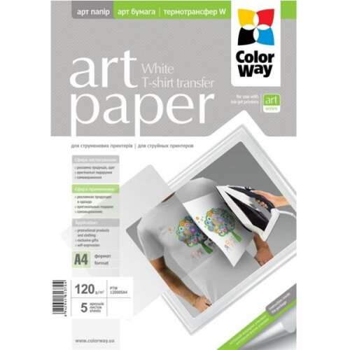 Colorway Fotopapier, T-Shirt-Transfer zum Aufbügeln (Kunst-T-Shirt-Transfer, weiß), 120 g/m2, a4, 5 Blatt PTW120005A4