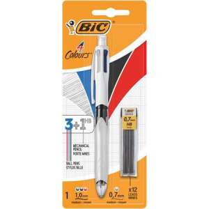 BIC 4 Colours 3+1 HB mechanical pencil with 12 leads, blue, black, red ballpoint pen, white and silver pen - Pen