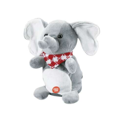 Talking plush elephant toy, repeats what you say, grey and red, press here button