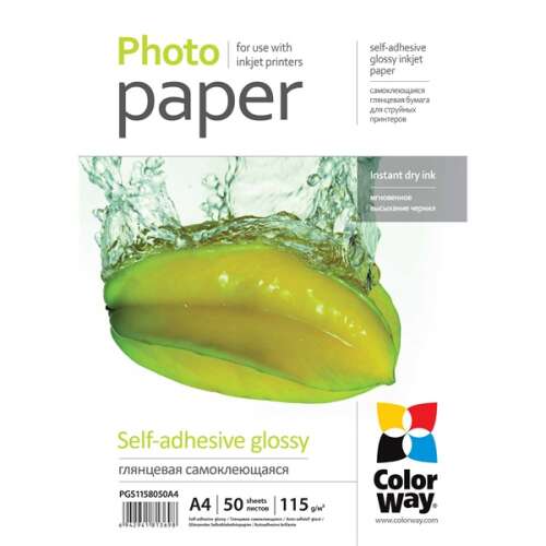 Hârtie foto Colorway, autoadezivă lucioasă, 115 - 80g/m2, a4, 50 de coli PGS1158050A4