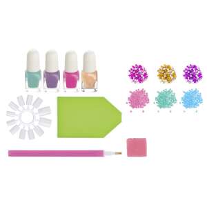 Gyémántfestős körömdíszítő szett tartalma, tartalmaz körömlakkot, strasszokat és eszközöket a saját körömdíszítéshez - Kreatív játék