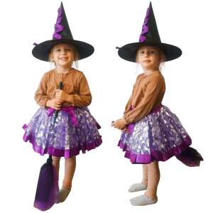 Ikonka Witch Costume for Girls, 3-Piece Set: Hat, Skirt, Broom - Costume for Kid