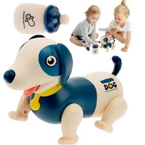 Interaktív robot kutya játék gyerekeknek, kék és fehér színben, etető palackkal, sétál és ugat - Nonbrand Interaktív gyerek játék