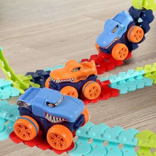 Világító autópálya készlet 2 dínós autóval, 54 darabos, gyerekeknek