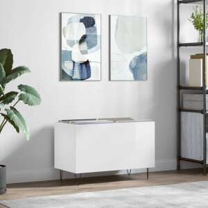 vidaXL white high gloss assembled wooden record cabinet with black hairpin legs, 74.5x38x48 cm - Furniture