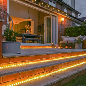 Flippy warm white LED rope lights illuminating outdoor patio steps - Home & Garden