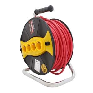 50 méteres hosszabbító kábel tekercs 4 aljzattal, 3x2,5 mm2 kábel, gyermekvédelem, ütésálló, robusztus, praktikus fogantyúval, földelt aljzatokkal - Lámpa & Világítás