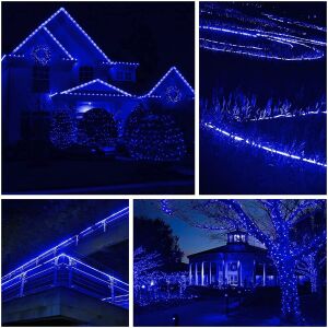 Flippy Blue LED Christmas String Lights decorating a house and garden - Christmas