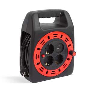 Black and red cable reel with 3 sockets and 2 USB ports, 15 meters long - Extension Cord