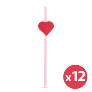 Pink paper straw with red heart, 12 pack - Cocktail making