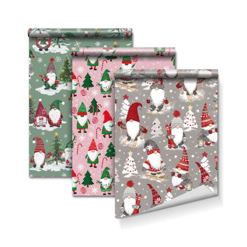 Christmas wrapping paper with gnomes, trees, and candy canes