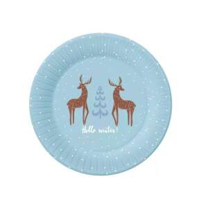 Blue paper plates with reindeer and Christmas tree design, Hello Winter! text, 6 pack, 18cm - Disposable Plate