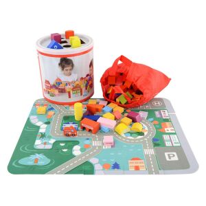 Játék-City Wooden Building Blocks Set with 115 pieces, city map puzzle, and shape sorter bucket - Wooden building game