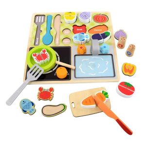 Set de bucătărie din lemn cu alimente, tocător și ustensile. Set de gătit pentru copii. - Nonbrand Jocuri si jucarii educative