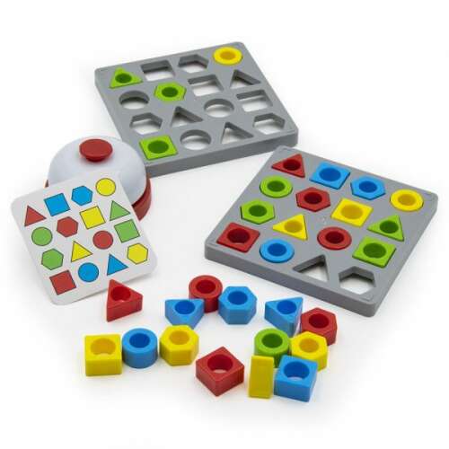 Formaillesztő társasjáték gyerekeknek, 32 színes forma, 2 szürke tábla és 30 kártya