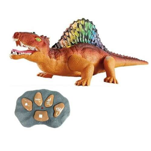 Távirányítós dinoszaurusz játék, barna, színesen világító gerinccel és izzó szemekkel, a dinoszaurusz sétál - Interaktív gyerek játék