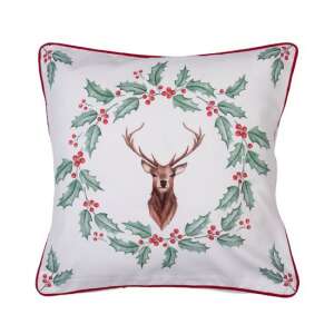 CLEEF.HCH21 Holly Christmas 40x40cm pamut párnahuzat, szarvas és fagyöngy koszorú mintával - Clayre & Eef