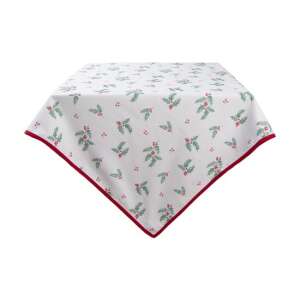 CLEEF.HCH03 Holly Christmas Asztalterítő, 130x180cm, pamut, fehér alapon zöld és piros fagyöngy mintával - Clayre & Eef