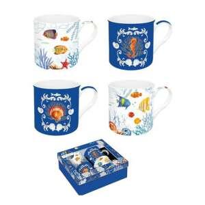 4 db-os porcelán bögre szett tengeri élőlények mintájával, 300ml-es, dobozban - Bögre