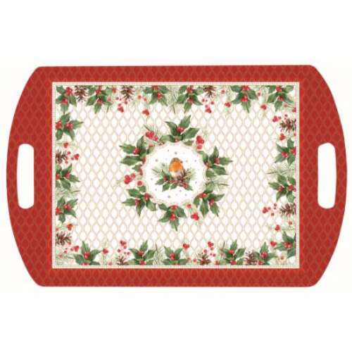 R2S Karácsonyi Bogyók Tálca, 52x35cm, piros műanyag tálca karácsonyi mintával