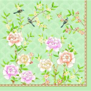 Palace Garden Aqua szalvéta, 20 darabos, virágos mintával és madarakkal - Szalvéta