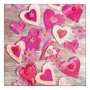 Szív mintás papírszalvéta, 20 darabos, 33x33cm, rózsaszín szívek, virágok, romantikus design - Szalvéta