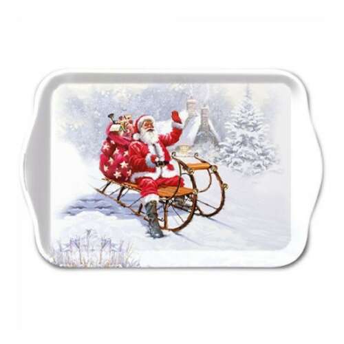 Karácsonyi tálca, Mikulás szánon, 13x21cm