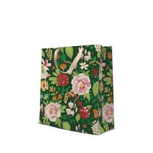 Zöld ajándéktáska virágmintával, Classic Flowers design, nagy méret, 26,5x33,5x13cm - Művészet & Hobbi