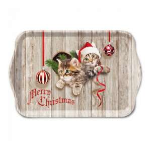 Curious Kittens karácsonyi tálca cicákkal, díszekkel és Boldog Karácsonyt felirattal - Tálca