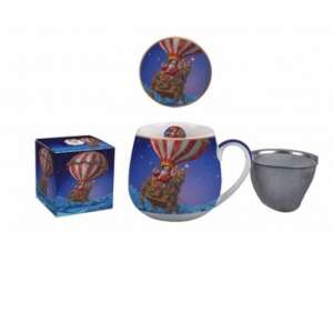 Porcelán bögre tetővel, fémszűrővel, 430ml, dobozban, Santa Balloon mintával - Nonbrand Bögre