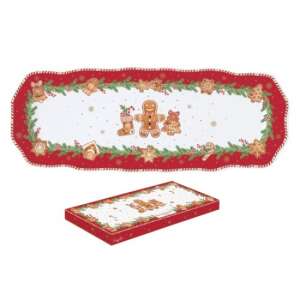R2S.1482FANG Porcelántálca 37x14cm, Fancy Gingerbread mintával, karácsonyi témájú, mézeskalács emberrel, csizmával és fával, dobozban - Tálca