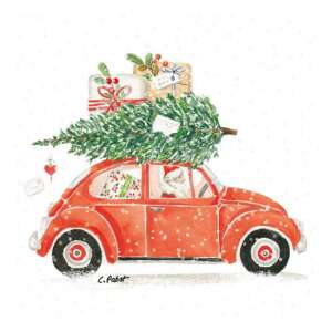 Karácsonyi papírszalvéta piros autóval, karácsonyfával és ajándékokkal - Háztartási papírtermék