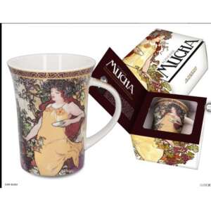 Mucha Ősz 400ml porcelán bögre, egy gyönyörű illusztrációval egy sárga ruhás nővel, ősz levelek között - Nonbrand Bögre
