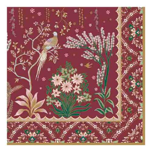 R2S.414ECLE Eclectic Chic 33x33cm papírszalvéta, 20 darabos, piros virágmintás, madarakkal