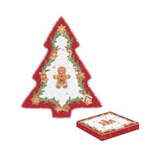 Karácsonyfa alakú porcelán tálca mézeskalácsos mintával, Fancy Gingerbread kollekció - Tálca