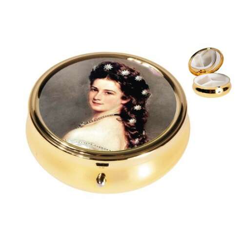 FRI.19934 Sisi gyógyszeres fémdoboz, arany színű, 3 rekeszes, Erzsébet királyné portréjával