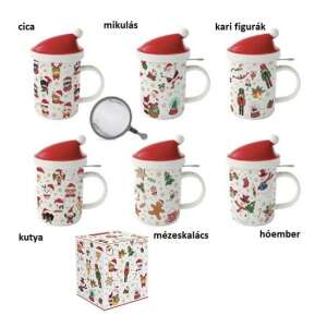 Karácsonyi barátok porcelán bögre fedővel és fém szűrővel, 370ml - Bögre